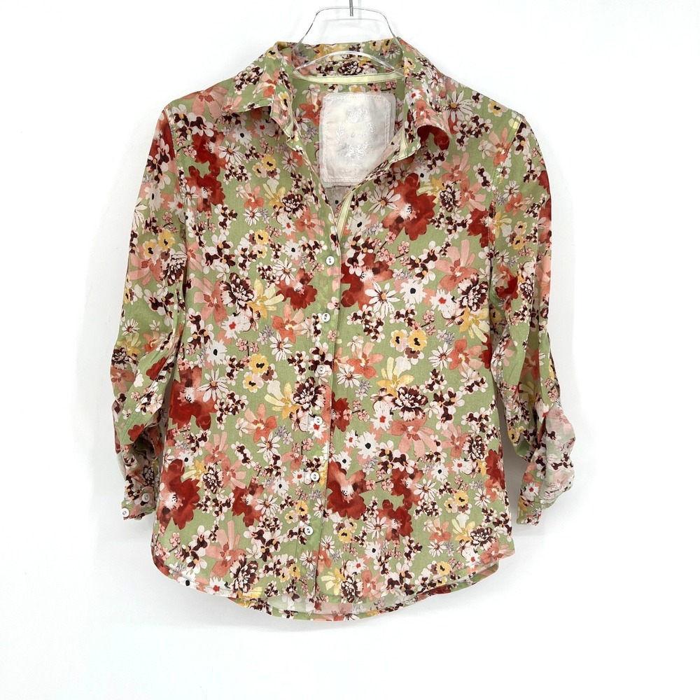 Cino Top Womens XS Green Floral Peasant Feminine Boho Colorful Roll Tab Sleeve